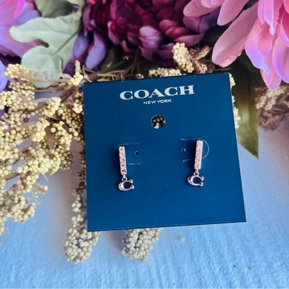 Coach Rose Gold Bar Stud Earrings Pavé Crystal Logo Drop NWT - Picture 2 of 4